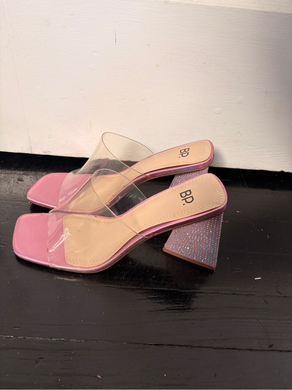 bp Pink Clear Strap Glitter Block Heel Sandals